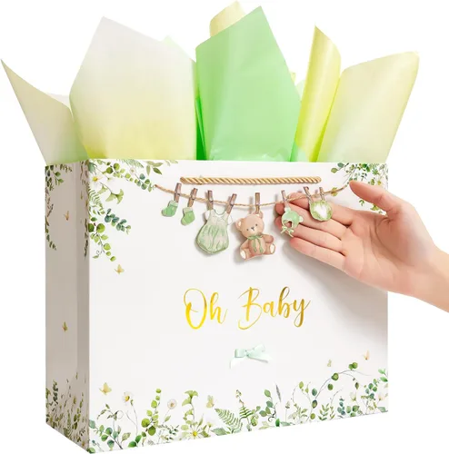 Miniatura 9 de Crisky Bolsa de regalo grande de 13 pulgadas para baby shower con papel de seda, tarjeta de regalo y lazo para decoraciones de baby shower, regalos