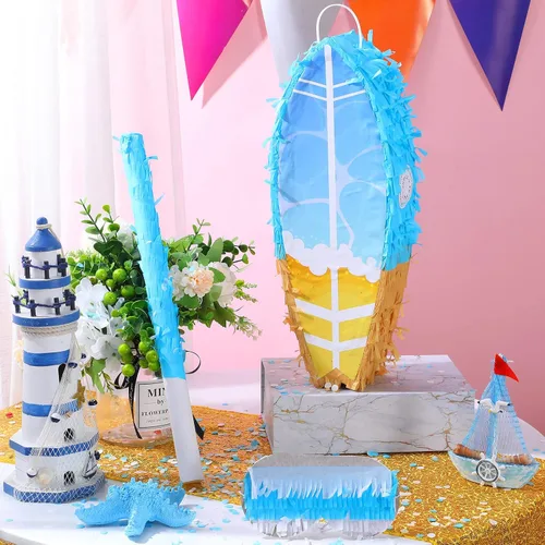 Miniatura 3 de Piñata pequeña de tabla de surf con palo y confeti con los ojos vendados, piñata de verano, decoraciones de Hawaii, tabla de surf, piñata de playa