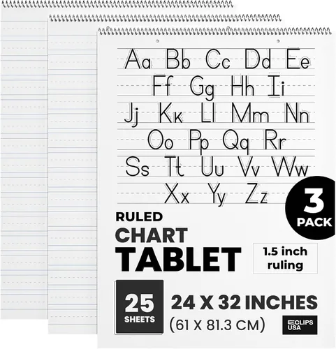 E-CLIPS USA Papel de anclaje de papel para profesores, tableta, 24 x 32 pulgadas, rayas de 1 ½ pulgadas, 25 hojas por bloc (paquete de 3)