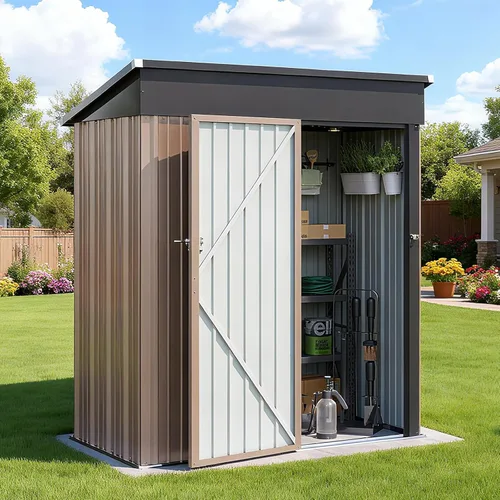 Cobertizo de almacenamiento para exteriores de 5 x 3 pies, cobertizo de herramientas de jardín de metal con techo inclinado y puerta con cerradura