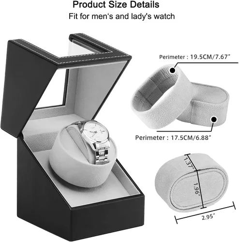 Miniatura 4 de Bobinadora automática de un solo reloj con motor japonés silencioso, en carcasa de madera y cuero negro, adaptador de CA o funciona