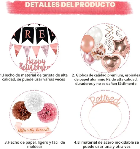 Miniatura 5 de Decoraciones de Fiesta de Jubilación Oro Rosa, 63 Piezas Decoraciones de Fiesta de Jubilación para Mujeres Pancarta de Feliz Jubilación Remolinos
