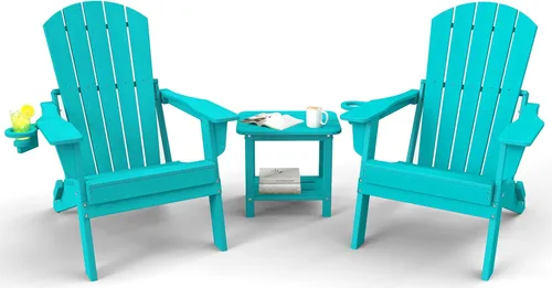 Miniatura 15 de Juego de sillas plegables Adirondack de 3 piezas, respaldo extra alto de 38 pulgadas y grano de madera en relieve, muebles de patio de polietileno
