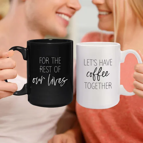 Miniatura 5 de Let's Have Coffee Together For The Rest Of Our Lives - Tazas a juego / 2 tazas de cerámica grandes de 15 onzas de color blanco y negro / juego