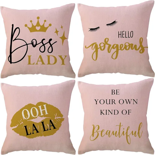 ULOVE LOVE YOURSELF Paquete de 4 fundas de almohada decorativas con cita de Boss Lady de 18 x 18 pulgadas para sofá, cama, sofá, decoración del