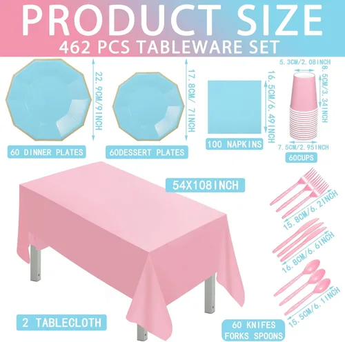 Miniatura 3 de Nitial 462 piezas de suministros para fiesta de revelación de género, vajilla para baby shower, niños o niñas, platos de revelación de género rosa