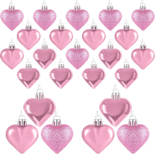 Miniatura 10 de 48 adornos para el día de San Valentín, decoraciones en forma de corazón rosa, 2 tamaños de bolas colgantes, adornos brillantes para boda