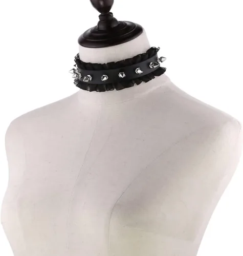 Miniatura 6 de Gargantilla de piel gótica para mujer, con remaches de encaje y cuello ajustable