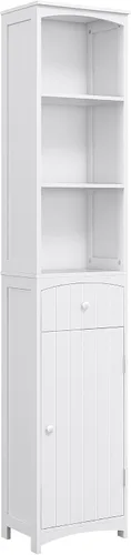Miniatura 10 de HOMCOM Armario de almacenamiento para baño, unidad de almacenamiento de baño independiente, torre alta de lino con estantes y cajón de 3 niveles