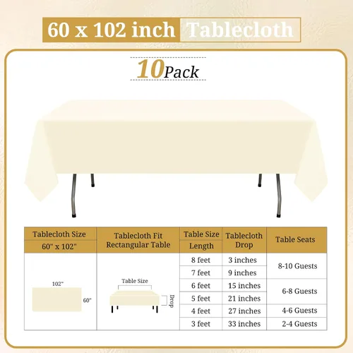Miniatura 2 de Paquete de 10 manteles de poliéster de 60 x 102 pulgadas, manteles de poliéster beige para mesas rectangulares de 6 pies, resistentes a las manchas