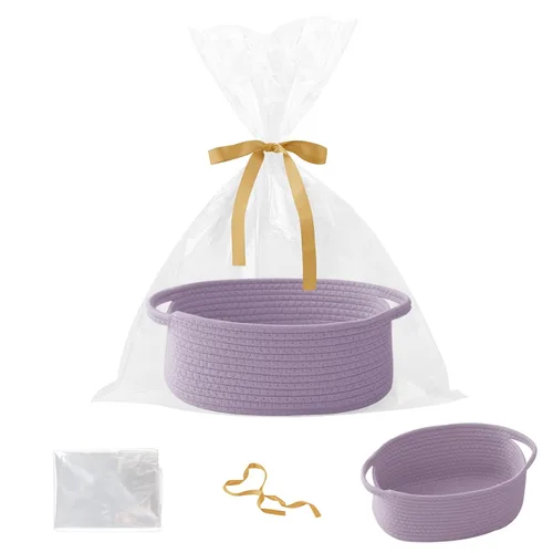 Miniatura 38 de Paquete de 2 canastas pequeñas de cuerda tejida, cesta de regalo vacía con bolsa y cintas, bonita caja organizadora con asa para cumpleaños/baby