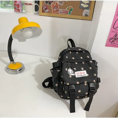 Miniatura 4 de Mochila estética Kawaii con colgante mini mochila para niñas, bonita mochila escolar japonesa, mochila con flores, Negro, S, Kawaii