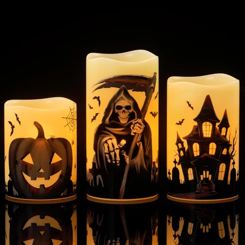 Miniatura 13 de Wondise Velas parpadeantes sin llama de Halloween con temporizador de 6 horas, velas LED de cera real que funcionan con pilas, juego de 3 velas