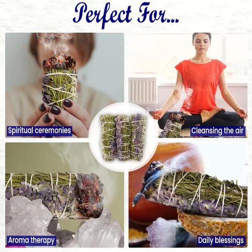 Miniatura 7 de Kit de manchas de salvia para la limpieza de energía negativa, hogar y creación de la energía de la felicidad, palitos de salvia con romero