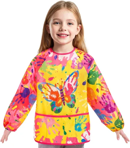 Miniatura 15 de WERNNSAI Bata de arte para niños impermeable con manga larga y 3 bolsillos de pintura Dinosaurio B001