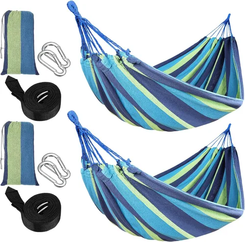 Windyun 2 juegos de hamacas de lona de algodón, hamaca doble grande de 400 libras, hamacas portátiles para acampar para exteriores con bolsa de Azul