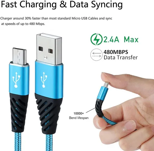 Miniatura 5 de Bynccea Cable micro USB de carga rápida, cable USB Android trenzado de nailon de 6 pies, paquete de 5 cables de carga de teléfono compatible