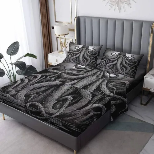 Miniatura 11 de Octopus Sheets - Juego de sábanas de tamaño individual, sábanas de microfibra suave, bolsillo profundo, sábanas y fundas de almohada estampadas sin