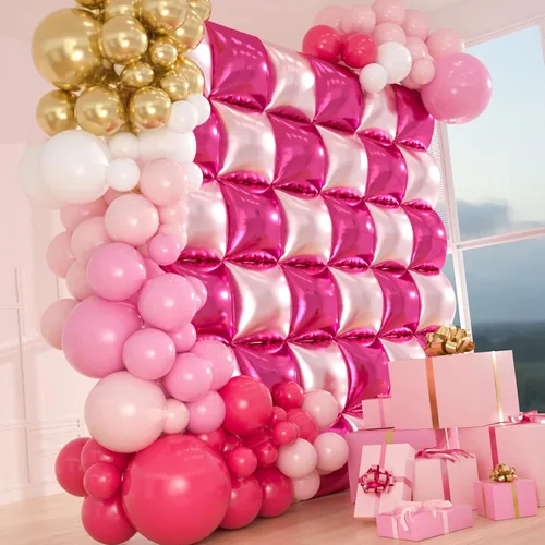 Miniatura 4 de 36 globos rosa intenso de papel aluminio cuadrados de doble cara para decoración de pared con kit de arco de 188 globos rosa y globos de mylar