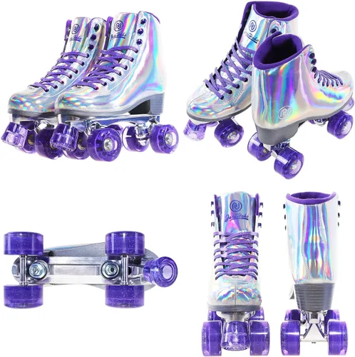 Miniatura 5 de JajaHoho Patines de ruedas para mujeres, piel sintética holográfica de alta calidad, patines brillantes de doble fila de cuatro ruedas para niñas