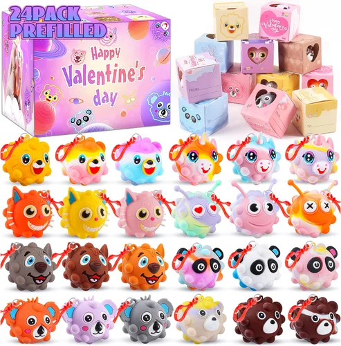 Regalos para el día de San Valentín para niños, paquete de 24 cajas de San Valentín precargadas con bolas de animales 3D, recuerdos de fiesta de San