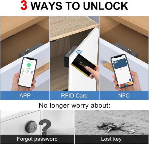 Miniatura 4 de eLinkSmart - Cerradura de cajón oculta para gabinete con tarjeta NFC RFID, aplicación Bluetooth, seguridad infantil, no requiere taladrar para Negro