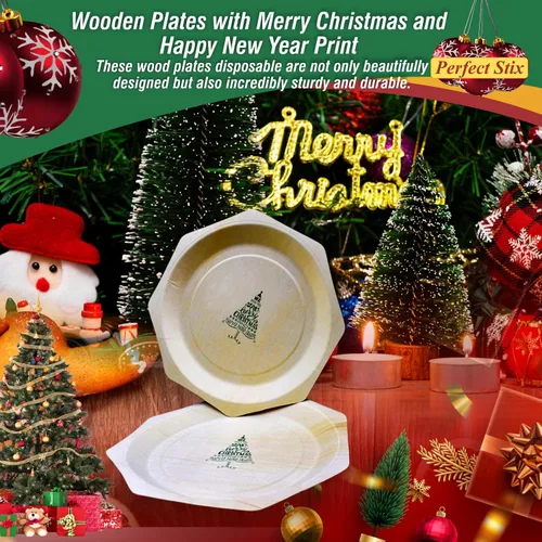 Miniatura 4 de Platos de madera de 11 pulgadas con texto en inglés "We Wish you a Merry Christmas and Happy New Year", paquete de 30