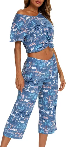 Miniatura 4 de ENJOYNIGHT - Conjunto de pijama para mujer, ropa de dormir de algodón con camiseta y pantalones capri, lindos pijamas