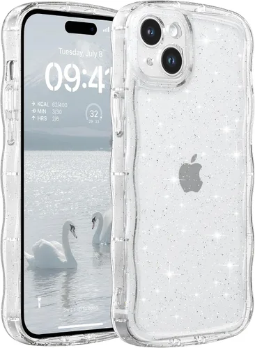 Miniatura 48 de FABSPARK Funda para iPhone 14 Pro Max, bonita funda colorida con láser, retro, exquisita, rizada, borde ondulado, protector estético de TPU suave