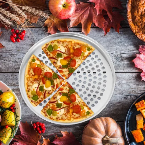 Miniatura 3 de Zerodeko Bandeja de pizza de acero inoxidable, bandeja redonda perforada para pizza, bandeja para hornear pizza, bandeja para servir pizza