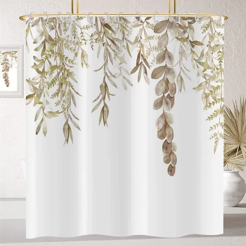 Miniatura 20 de Cortina de ducha de eucalipto, hojas verdes de acuarela en la parte superior con cortina de baño floral, decoración de baño para bañera, tela Hoja
