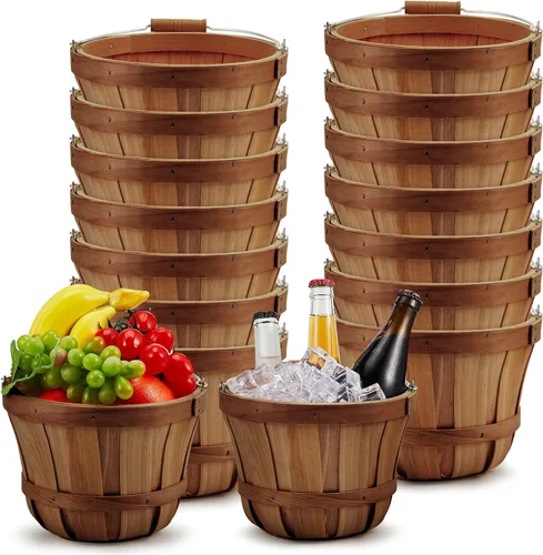 Miniatura 7 de Marsui 1 cesta redonda de madera para manzana, pequeño bushel con asas para regalos, cesta vacía, cubos de frutas para recoger fresas, flores