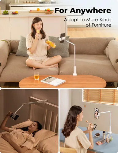 Miniatura 6 de Viozon Soporte para teléfono, brazo largo flexible, montaje superior, ángulo ajustable de 360°, aleación de aluminio, abrazadera C para cabecero