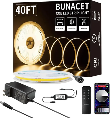 COB - Tira de luz LED de 40 pies/39.4 ft (1 rollo), blanco cálido, 3000 K, alto lumen, CRI 90+ con adaptador de corriente con certificación UL,