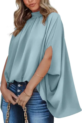 BTFBM Blusas de verano para mujer, cuello alto falso, manga murciélago, holgadas, dobladillo alto y bajo, blusas informales de gran tamaño
