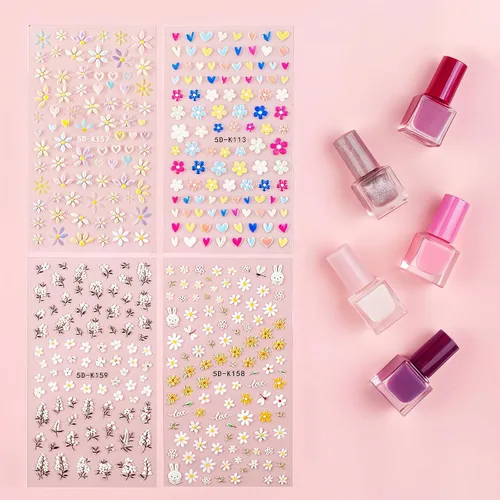Miniatura 2 de Calcomanías de uñas, 4 hojas en relieve floral 5D, autoadhesivas para manicura de bricolaje