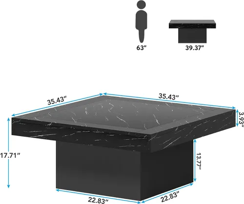 Miniatura 2 de Tribesigns Mesa de centro LED de madera de ingeniería cuadrada de bajo perfil para sala de estar (Mármol falso negro+negro) LED