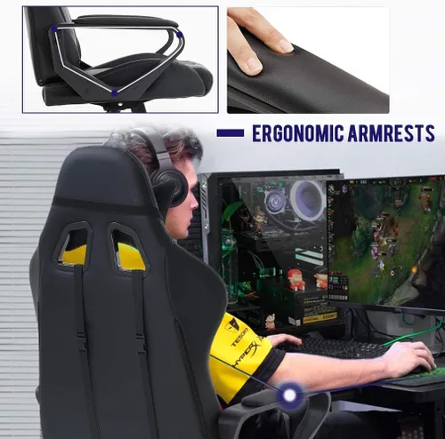 Miniatura 4 de Silla moderna para videojuegos, ergonómica con respaldo alto, silla de oficina de piel sintética con soporte lumbar, color negro