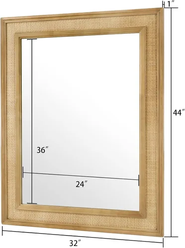 Miniatura 6 de WallBeyond Espejo de Pared de Ratán Rectangular, Espejo de Ratán de 32 X 44 Pulgadas con Marco de Madera para Decoración de Pared, Baño, Sala