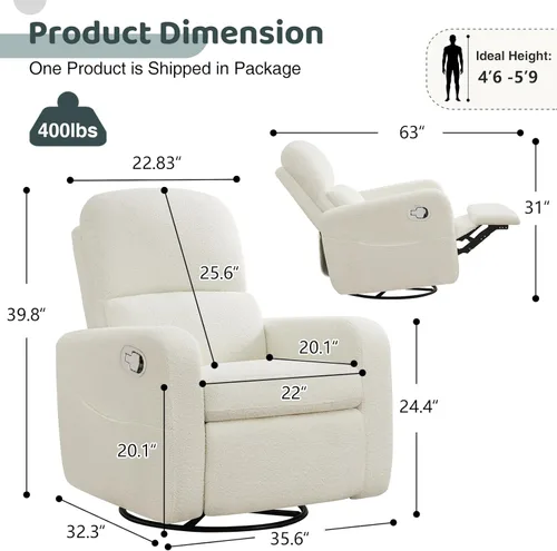 Miniatura 2 de Sillón Mecedor Reclinable Giratorio, Sillón Glider Reclinable de Boucle Extra Grande para Guardería, Sillas Reclinables con Balanceo Manual y Apoyo