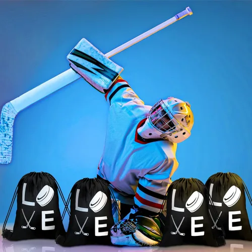 Miniatura 6 de Sinmoe 20 bolsas de regalo de hockey sobre hielo, bolsas de regalo de fiesta de hockey con cordón para regalos de cumpleaños, equipo, celebración