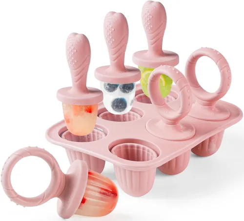 Moldes de silicona para paletas de bebé, 6 cavidades para niños pequeños, molde para helado con palitos para jugo de frutas, yogur, moldes de Rosa