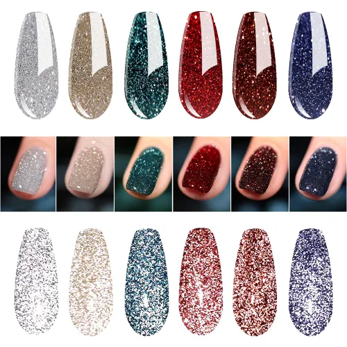 Vishine Esmalte de uñas de gel reflectante brillante con purpurina, explosión de diamante, 6 colores encantadores rojo, marrón, azul, dorado noble,