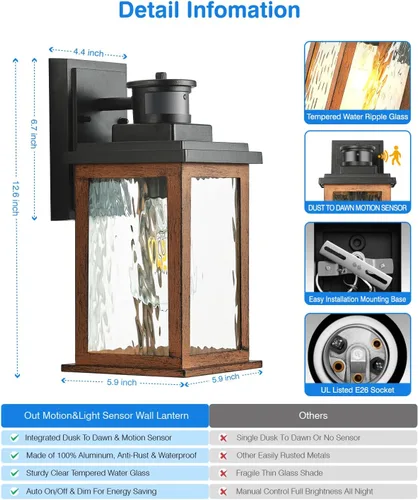 Miniatura 6 de VIANIS Luces para exteriores con sensor de movimiento, iluminación de anochecer a amanecer para casa, luces de grano de madera para garaje, farol