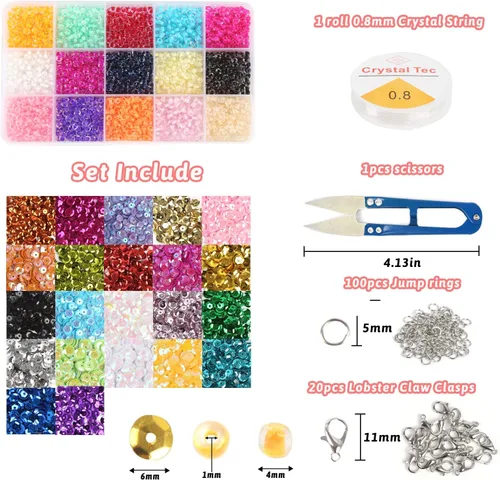 Miniatura 2 de CCINEE Kit de 10322 piezas de cuentas de semillas de vidrio y lentejuelas sueltas, cuentas de manualidades pequeñas de 4 mm, cuentas diminutas de 6