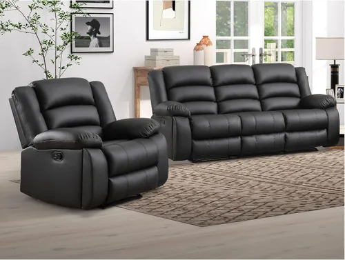 EBELLO Juego de sofá reclinable manual de piel sintética, sofá reclinable de 3 asientos, juego de muebles de sofá para sala de estar, color negro