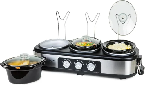Miniatura 12 de HomeCraft HCTSC15SS Olla de cocción lenta de acero inoxidable de 3 estaciones de 1.5 cuartos ovalada para buffet, con tapa y reposa cucharas