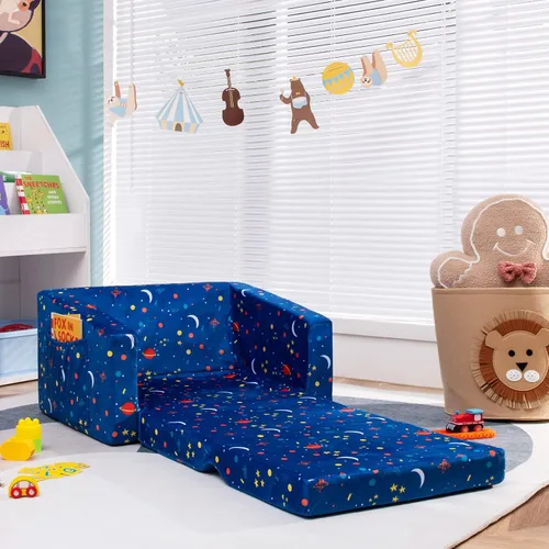 Miniatura 2 de Costzon Sofá para niños, sofá infantil abierto 2 en 1 con tela de terciopelo, bolsillos de almacenamiento, reposabrazos para niños pequeños, cama