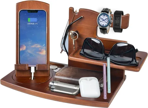 Miniatura 8 de Gifts for Men Wood Phone Docking Station for Mens Gifts for Christmas Husband Anniversary Dad Birthday Gifts for Men or Dad - Nightstand Organizer