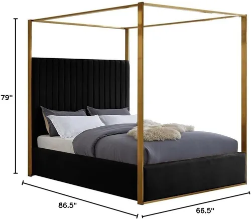 Miniatura 3 de Meridian Furniture JonesBlack-Q Jones Collection Modern Cama Queen tapizada contemporánea, terciopelo negro, acolchado de canal, marco de latón